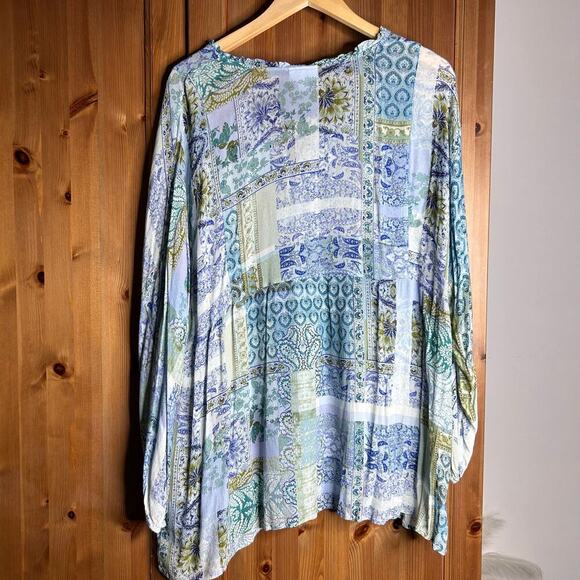 J. Jill Patchwork Blouse Women’s 2x Blue Green Long Sleeve Boho Hippie Bohemian - Picture 4 of 9